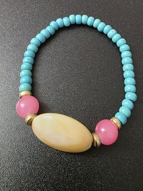 Turquoise & Pink Beaded Stretch Bracelet with Cream Focal Stone